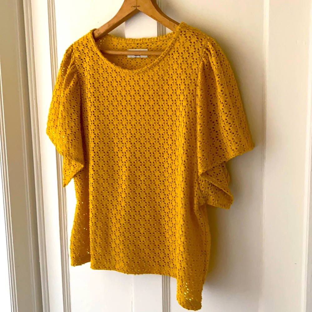 Madewell yellow textured top with flounced sleeves